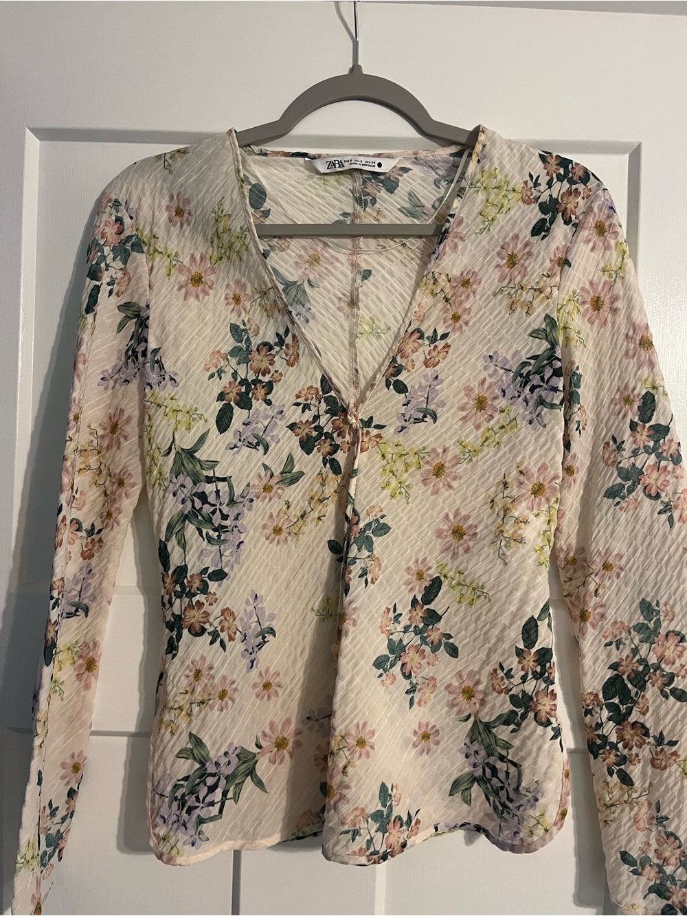 Zara Cream Blouse with Pink, Green and Yellow Floral Print